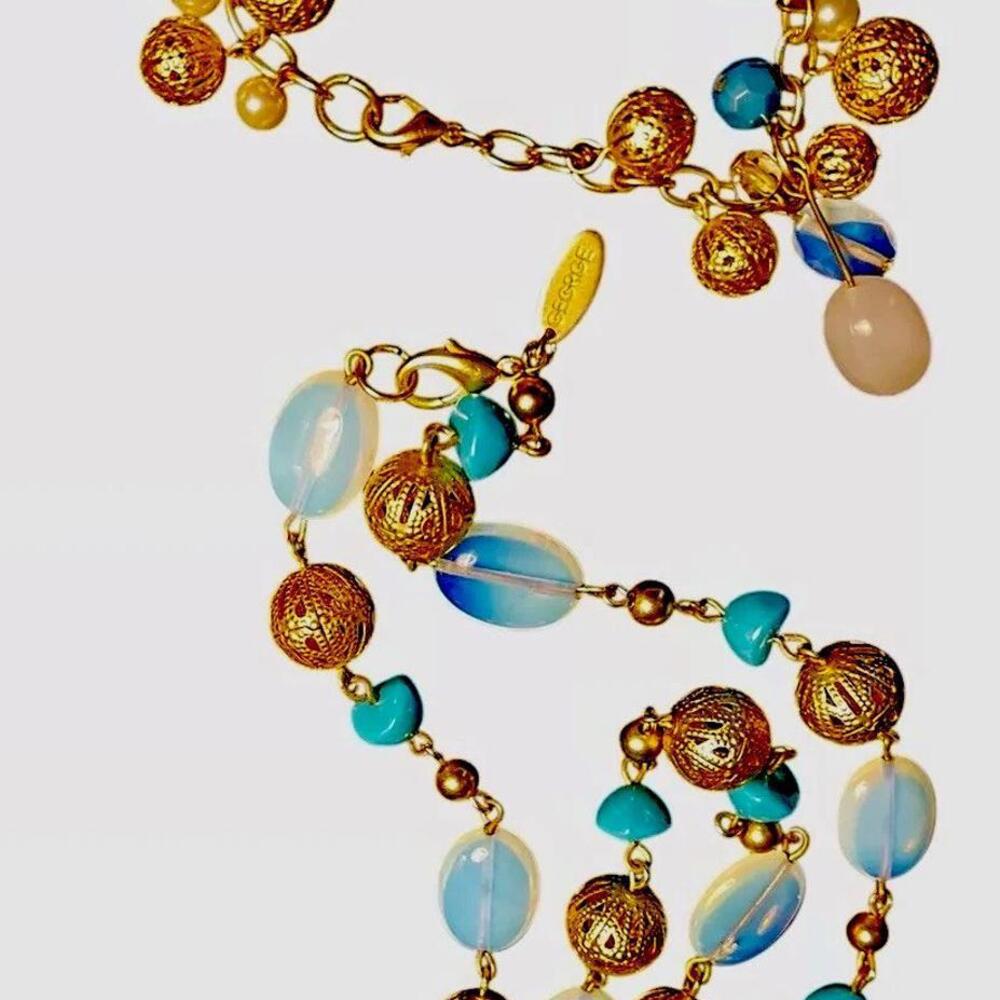 VTG 90s George Matching Set Gold Tone Filigree Beaded Necklace 24L Bracelet 8L